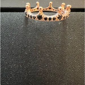 Pandora Sparkling Crown ring in rose gold with black crystals.